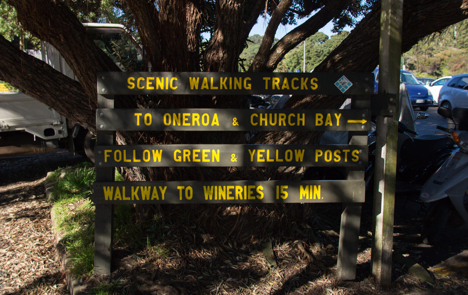 Walking tracks sign in Matiatia, Waiheke Island