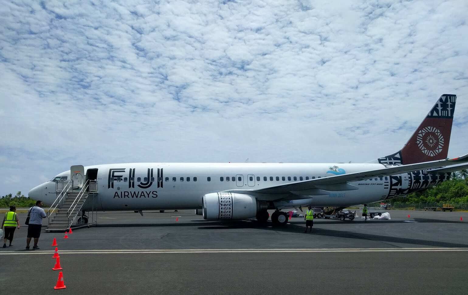 A Fiji Airways plane at Tarawa airport in Kiribati.