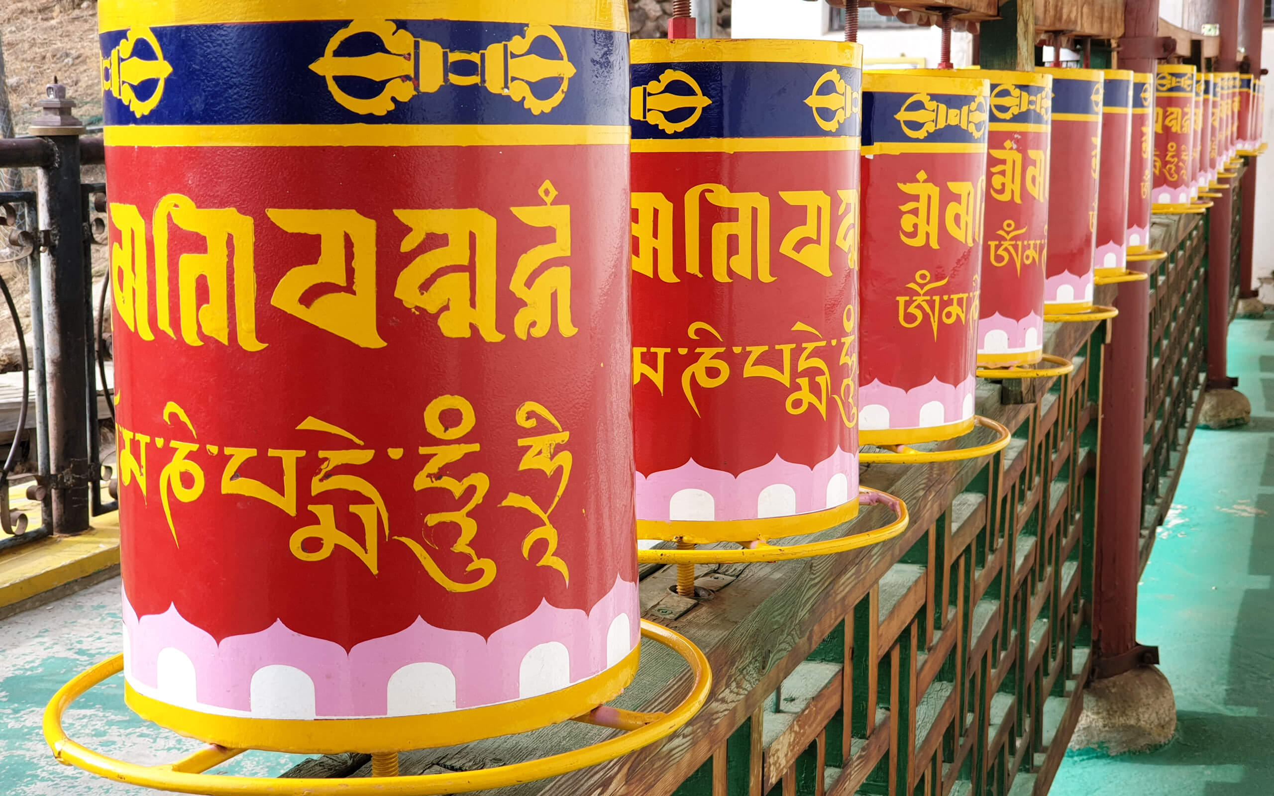 Prayer wheels at the Ariyabal Meditation Temple.